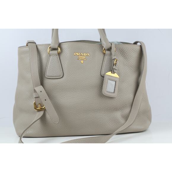 PRADA Vitello Daino Tote Taupe Gray Pebbled Grained Leather Shoulder Strap Bag - Picture 8 of 16